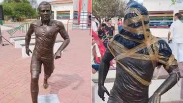 A estátua do ex-jogador antes e depois de ser vandalizada - Reprodução / Prefeitura de Juazeiro e Redes Sociais