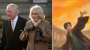 Charles e Camilla ao lado de foto de capa do livro Harry Potter - Getty Images e Divulgação