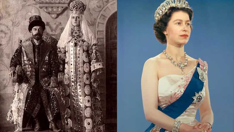 O czar Nicolau II e a czarina Alexandra (esq.) e a rainha Elizabeth II (dir.) - Domínio público