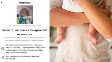 Montagem mostrando o Amber Alert que ajudou a encontrar a criança, e uma imagem ilustrativa - Divulgação/ Redes Sociais e Divulgação/ Freepik/ Licença Livre