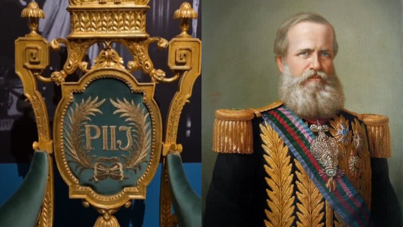 Detalhes do trono de Dom Pedro II (à esqu.) e o imperador (à dir.) - Reprodução/Vídeo/Museu Imperial