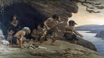 Ilustração representando neandertais (Homo neanderthalensis) em caverna - Domínio Público via Wikimedia Commons