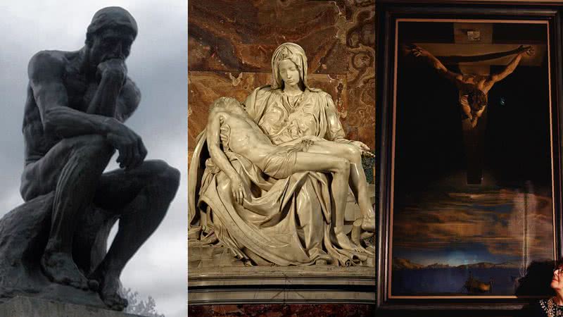 'O Pensador', de Auguste Rodin, 'Pietà', de Michelangelo, e 'Cristo de São João da Cruz', de Salvador Dalí, respectivamente - Fotos por Jeanne Menjoulet e Stanislav Traykov pelo Wikimedia Commons / Getty Images