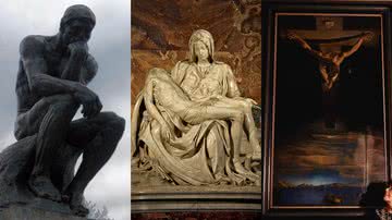 'O Pensador', de Auguste Rodin, 'Pietà', de Michelangelo, e 'Cristo de São João da Cruz', de Salvador Dalí, respectivamente - Fotos por Jeanne Menjoulet e Stanislav Traykov pelo Wikimedia Commons / Getty Images