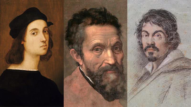 Retratos de Rafael, Michelangelo e Caravaggio, importantes nomes do Renascimento - Domínio Público via Wikimedia Commons