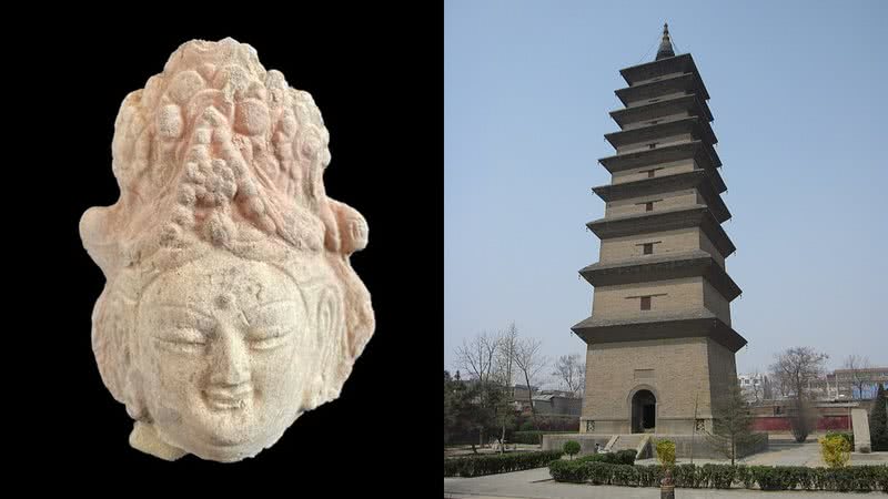 Cabeça de estatueta encontrada na China e exemplo de um pagode budista - Divulgação/Xinhua / Foto por User:Zeus1234 pelo Wikimedia Commons