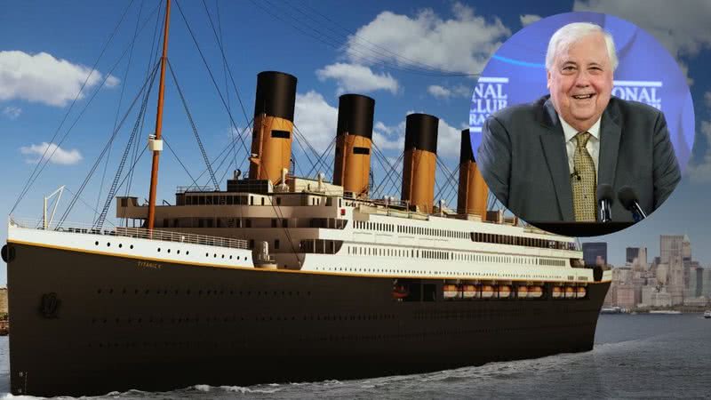 Renderização em 3D do Titanic II e fotografia do bilionário australiano Clive Palmer - Divulgação/Blue Star Line / Getty Images