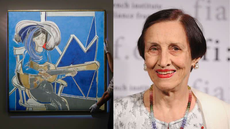 Montagem mostrando exemplo de pintura de Françoise Gilot, e foto da artista - Getty Images