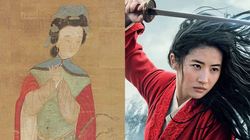 Hua Mulan em ilustração antiga e em live-action da Disney de 2020 - Domínio Público via Wikimedia Commons / Divulgação/Disney