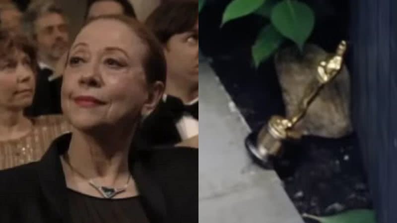 Fernanda Montenegro (à esqu.) e registro da estatueta (à dir.) - Reprodução/Vídeo