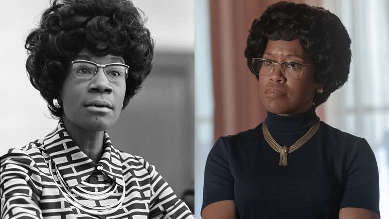 Shirley Chisholm na vida real e em 'Shirley para Presidente', interpretada por Regina King - Domínio Público via Wikimedia Commons / Divulgação/Netflix