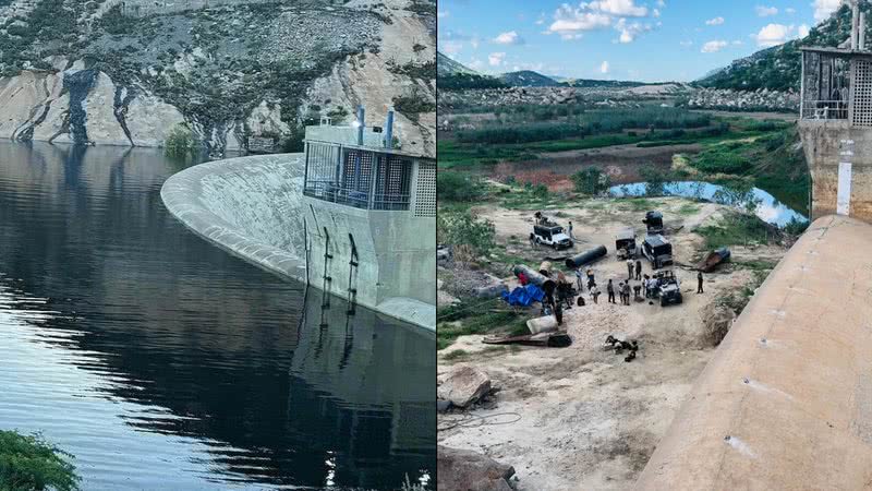 Imagem atual do açude (esq.) e do mesmo local durante as gravações do filme (dir.) - Reprodução/Redes Sociais/X/@kmendoncafilho