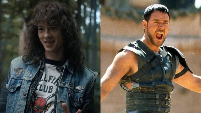 Joseph Quinn em ‘Stranger Things’ e Russel Crowe 'Gladiador' (2000) - Divulgação/Netflix e Divulgação/Universal