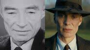 Julius Robert Oppenheimer durante sua famosa citação, e sua versão no filme de Christopher Nolan, interpretada por Cillian Murphy - Reprodução/Vídeo/YouTube/@PlenilunePictures / Reprodução/Universal Pictures