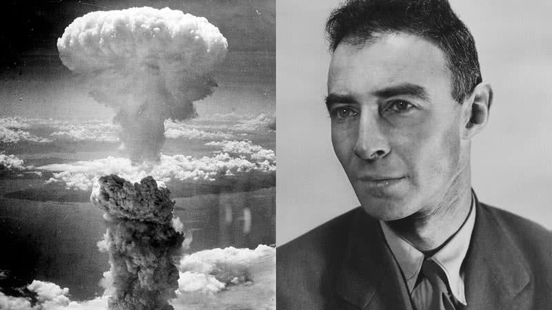 Registro da explosão em Nagasaki (à esqu.) e Julius Robert Oppenheimer (à dir.) - George R. Caron / Charles Levy e Departamento de Energia dos Estados Unidos