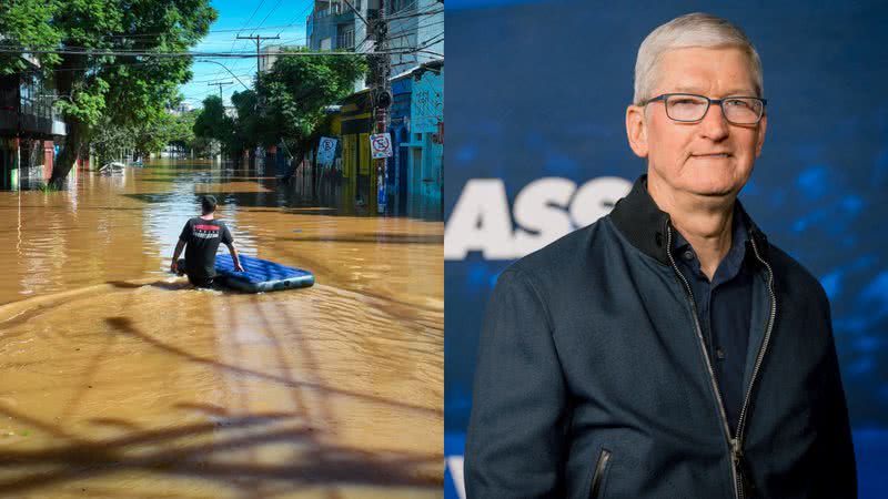 Fotografia tirada durante enchentes no Rio Grande do Sul e o CEO Tim Cook, da Apple - Getty Images