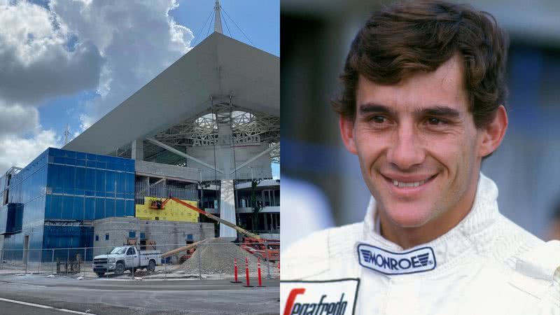 Mural que receberá homenagem, em Miami, e o piloto Ayrton Senna - Reprodução / Charles Bradley e Getty Images