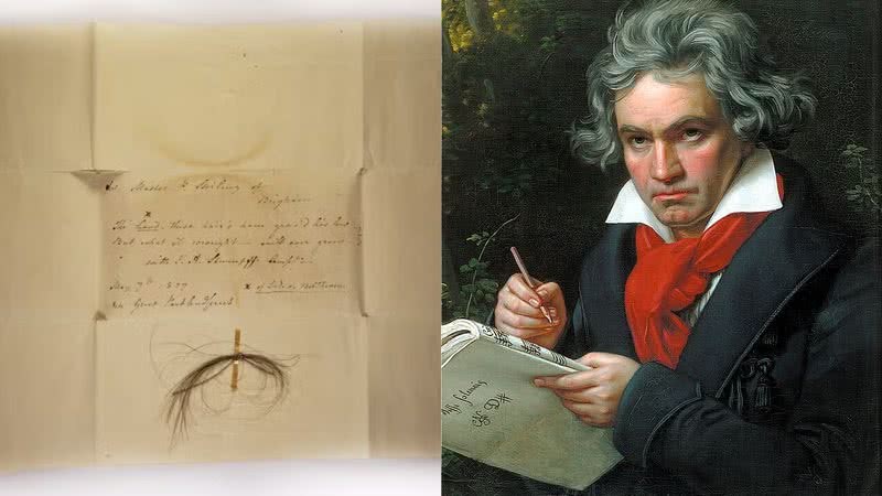 Amostras dos fios de cabelo do compositor e um retrato de Beethoven - Reprodução / Kevin Brown e Domínio público