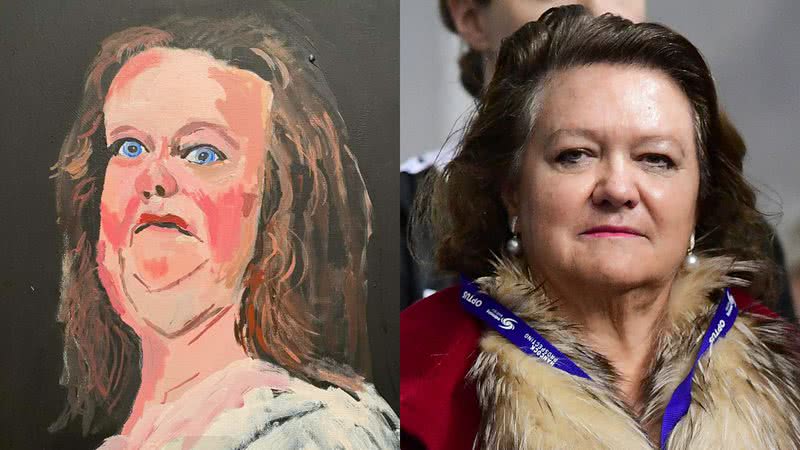 Retrato de Gina Rinehart, de autoria de Vincent Namatjira, e foto da empresária australiana - Reprodução/X/@bdrinkwater / Getty Images