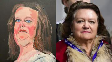 Retrato de Gina Rinehart, de autoria de Vincent Namatjira, e foto da empresária australiana - Reprodução/X/@bdrinkwater / Getty Images