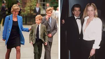 Diana, Harry e William. À direita, JFK Jr. com sua esposa, Carolyn Bessette-Kennedy. - Getty Images