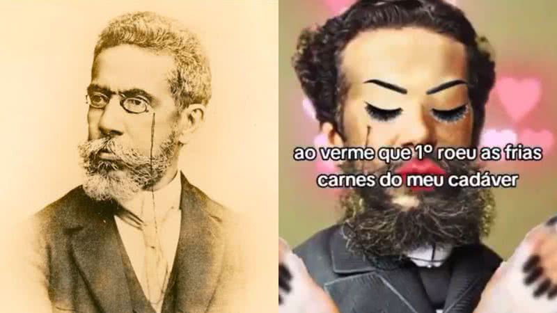 Machado de Assis e sua paródia - Reprodução/Redes Sociais/Vídeo/X/@laurlmila e Wikimedia Commons/Academia Brasileira de Letras