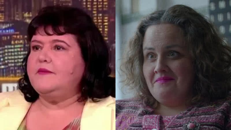 Fiona Harvey em entrevista (à esqu.) e Martha de "Bebê Rena" (à dir.) - Reprodução/Vídeo e Divulgação/Netflix