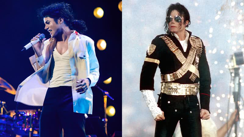 Jaafar Jackson como o Rei do Pop e o próprio Michael Jackson - Divulgação / Universal Pictures e Getty Imagens