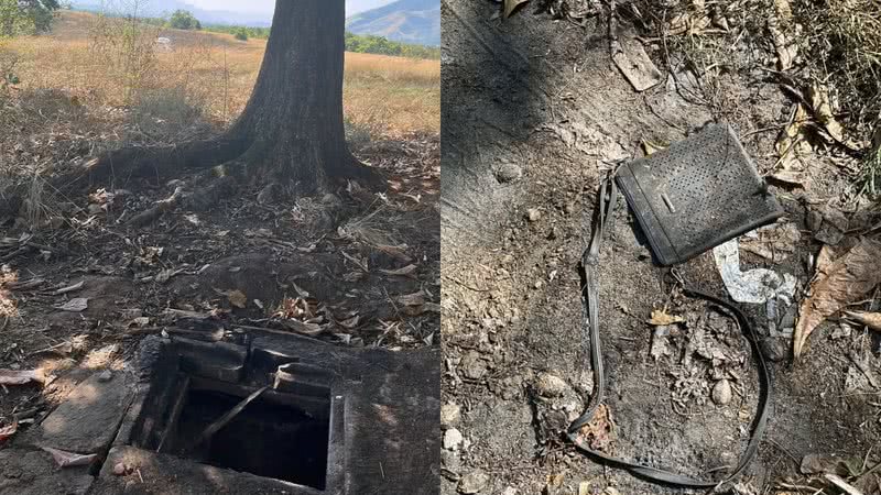 Cisterna em que ossada foi encontrada e uma bolsa encontrada no local - Reprodução