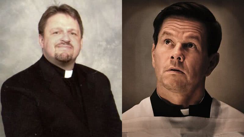 O verdadeiro padre Stu e seu personagem em 'Luta pela Fé', vivido por Mark Wahlberg - Arquivo Pessoal / Reprodução/Sony Pictures