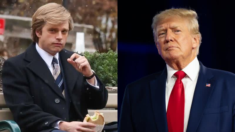 Donald Trump em 'O Aprendiz', interpretado por Sebastian Stan, e na vida real - Reprodução/Mongrel Media / Getty Images