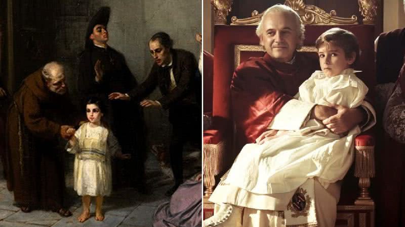 Quadro de 1862 sobre Edgardo Mortara e cena do filme 'O Sequestro do Papa' - Getty Images e Reprodução/Pandora Filmes