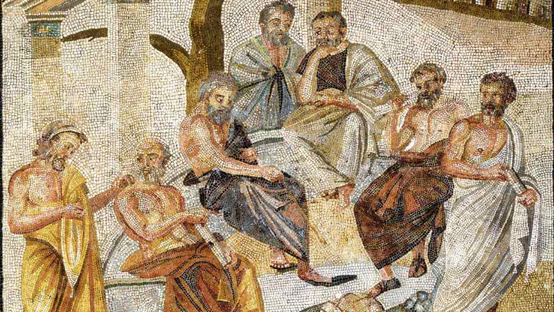 Mosaico encontrado em Pompeia representa a Academia de Platão, de 387 a.C. - Getty Imagens