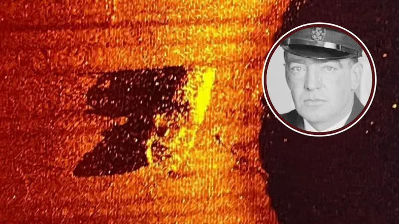 Imagem de sonar do naufrágio e foto de Ernest Shackleton - RCGS e Dompinio Público