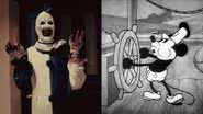 O palhaço Art de 'Terrifier' e Mickey Mouse - Divulgação / A24 e Domínio público