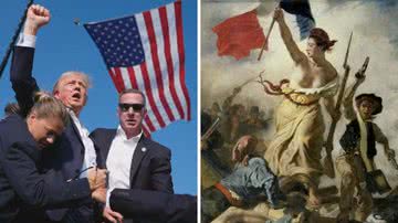 Foto do atentado contra o ex-presidente Donald Trump e a obra "A liberdade guiando o povo", de Eugène Delacroix - Reprodução/Jornal Nacional/Evan Vucci e WikiCommons/Museu do Louvre