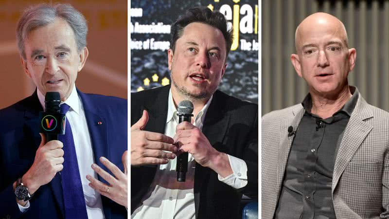 Elon Musk, Bernard Arnault e Jeff Bezos, as pessoas mais ricas do mundo no momento - Getty Images