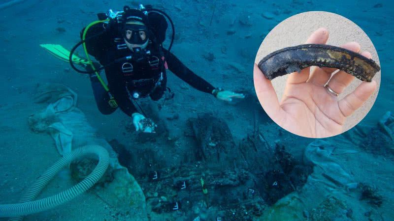 Fotografia tirada durante buscas subaquáticas em naufrágio e fragmento de trombeta - Divulgação/Centro Internacional de Arqueologia Subaquática em Zadar