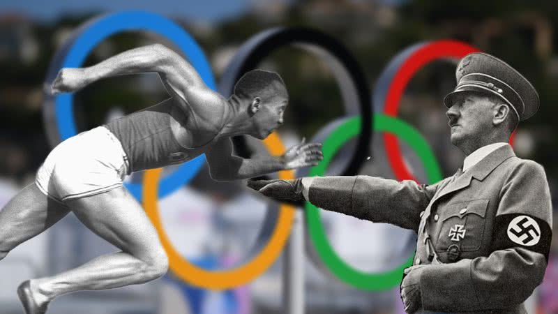 Colagem com o símbolo dos anéis olímpicos, o corredor norte-americano Jesse Owens e o líder nazista, Adolf Hitler - Getty Images