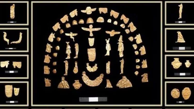 Coleção de folhas de ouro encontradas no Egito - Divulgação/Ministério de Antiguidades e Turismo do Egito