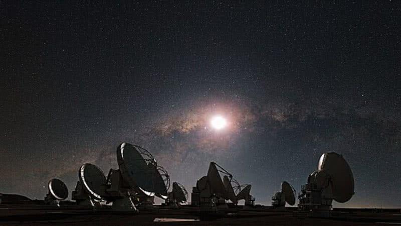 Antenas do Atacama Large Millimeter/submillimeter Array (Alma), voltadas para a Via Láctea - Wikimedia Commons via ESO/S. Guisard