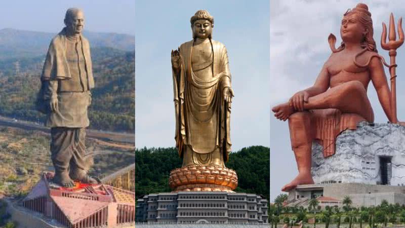 Estátua da Unidade, Buda do templo da Primavera e Estátua da Crença - Fotos por Government Open Data License – India, Zgpdszz e Kunwar Nadaan pelo Wikimedia Commons