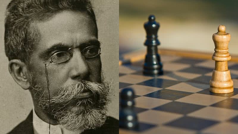 Machado de Assis (à esqu.) e o jogo de xadrez (à dir.) - Domínio Público via Wikimedia Commons e Pixabay