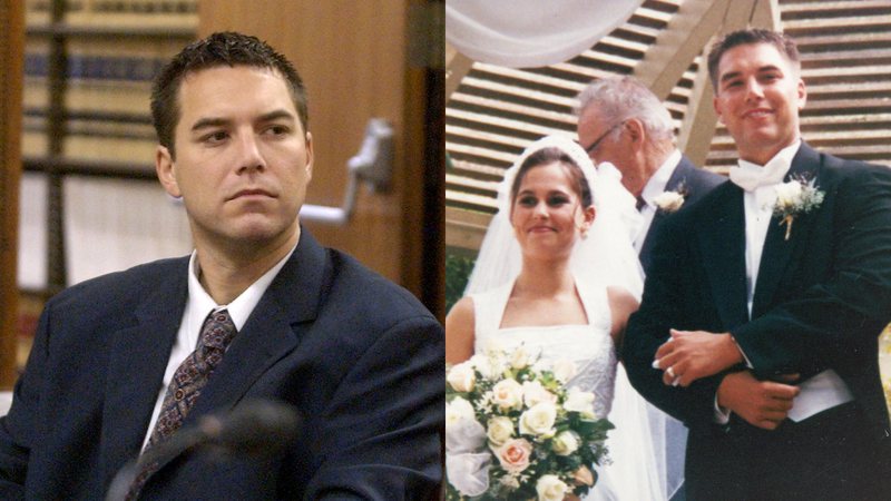 Scott Peterson durante julgamento e fotografia de seu casamento com Laci - Getty Images / Divulgação/Netflix