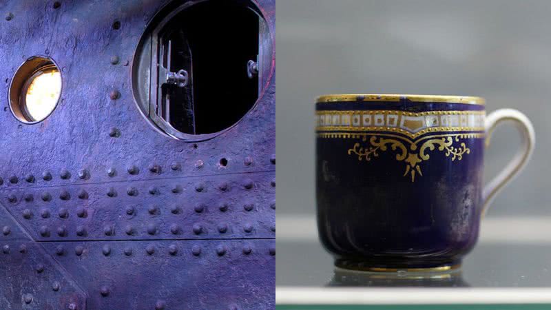 Parte do casco do Titanic (à esqu.) e xícara (à dir.) - Getty Images