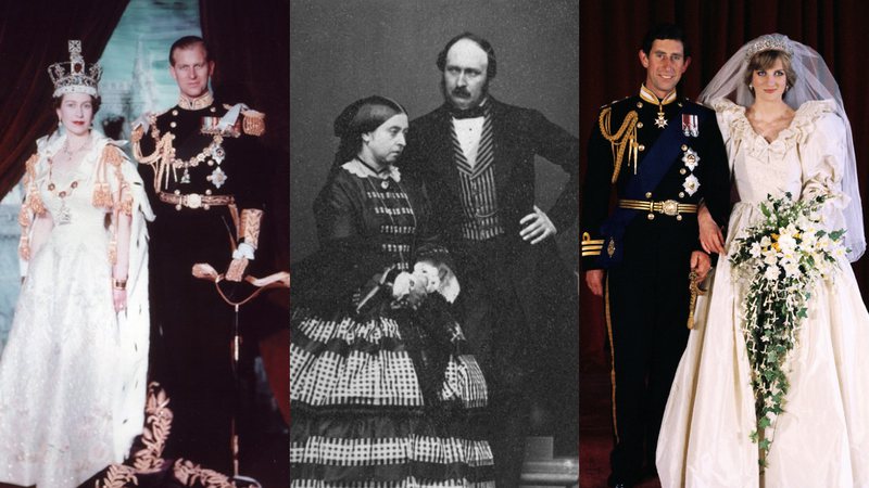 Rainha Elizabeth II e príncipe Philip, Rainha Victoria e príncipe Alberto, e príncipe Charles e princesa Diana - Domínio Público via Wikimedia Commons / Getty Images