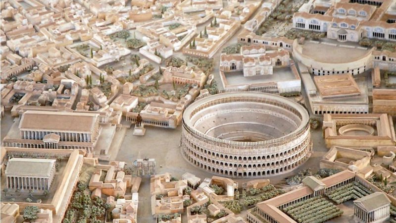 Destaque para o coliseu na obra Plastico di Roma Imperiale - Divulgação/Museu da Civilização Romana