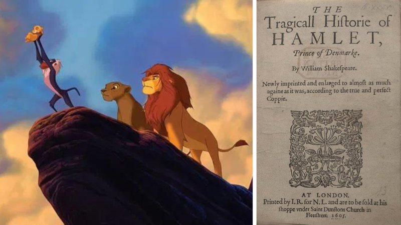 Cena de 'O Rei Leão' e página de impressão de Hamlet datada de 1605 - Divulgação/Disney e Domínio público