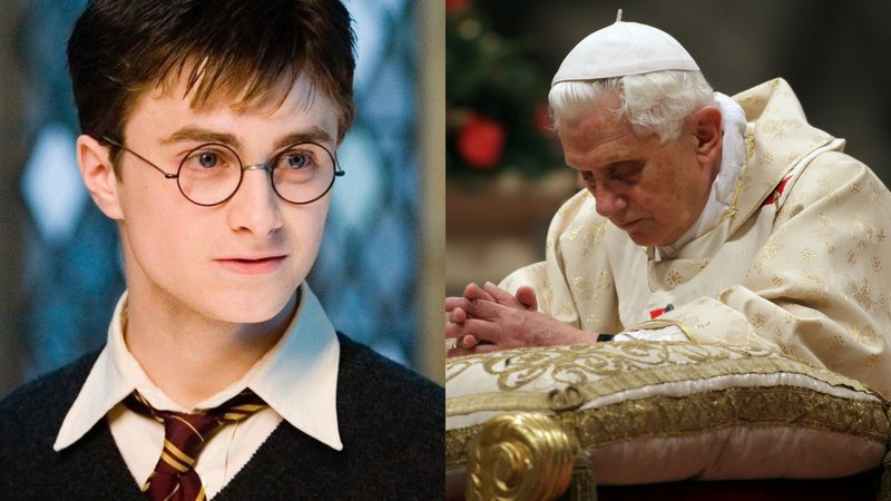 Daniel Radcliffe em 'Harry Potter e a Ordem da Fênix' (2007) e o papa Bento XVI - Reprodução/Warner Bros. / Getty Images