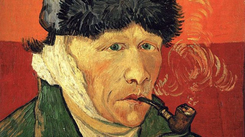 Autorretrato de Vincent van Gogh com bandagens na orelha, após arrancá-la - Domínio Público via Wikimedia Commons